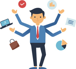 Businessman juggling various businessrelated objects symbolizing multitasking and productivity