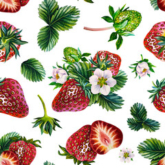 Strawberry. Seamless pattern with berries, flowers and strawberry leaves. A hand-drawn watercolor illustration. For packaging, labels and textiles.