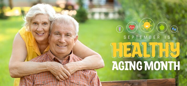 Banner for Healthy Aging Month with mature couple in park