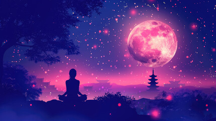 Naklejka premium A peaceful silhouette meditates beneath a vibrant pink moon, surrounded by stars and a distant pagoda, creating a calm atmosphere
