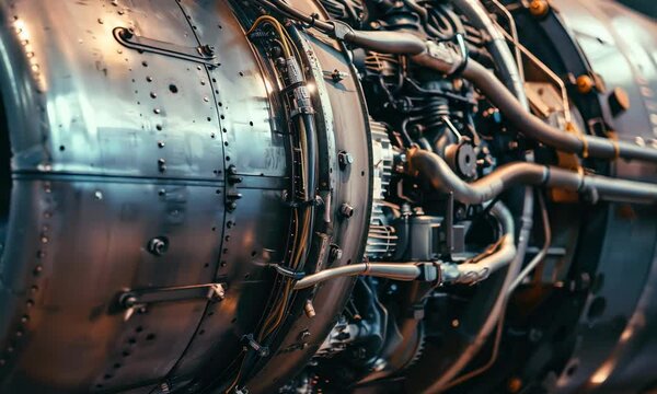 Close-up of a complex jet engine with intricate details