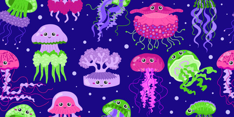 Cute smiling jellyfishes. Seamless pattern.