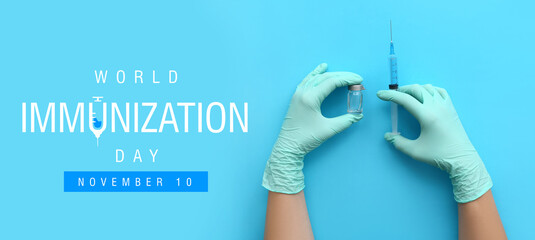 Female doctor with medical syringe on blue background