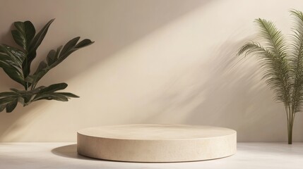Round Beige Podium Set Against Off-White Background for Product Display or Presentation