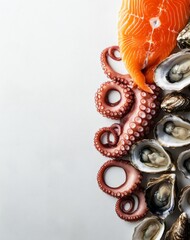 Fototapeta premium Background of octopus tentacles, salmon tail, oysters, Kamchatka crab claws with a space for copying in the center.