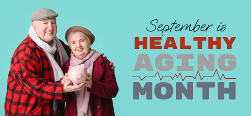 Happy senior couple with piggy bank on color background