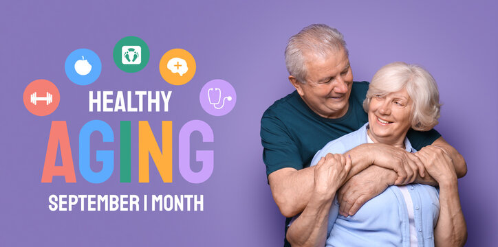 Happy senior couple on color background