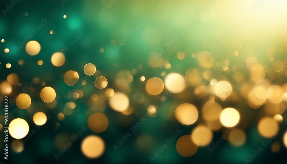 Poster abstract blur bokeh banner background gold bokeh on defocused emerald green background