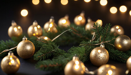 Golden Christmas ornaments and evergreen branches with warm lights, creating a festive holiday atmosphere.