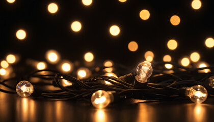 String of gold festive lights glowing warmly in the dark, creating a cozy atmosphere
