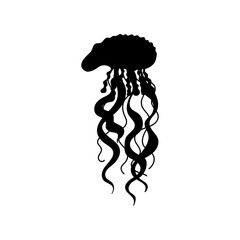 Fototapeta premium Vector illustration depicting a black silhouette of a jellyfish isolated on a white background