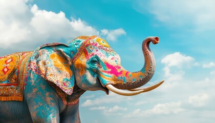 Colorful elephant adorned with intricate patterns stands against a bright sky, showcasing cultural art during an outdoor celebration
