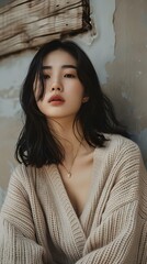 Fototapeta premium Stylish Asian woman in beige knitwear