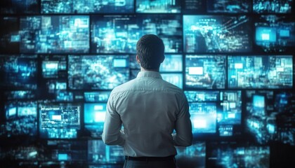 Person analyzing data on multiple screens in a modern technology control room during nighttime