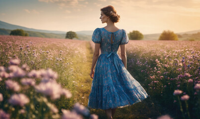 Fototapeta premium A woman in a blue dress walks through a field of wildflowers, bathed in the golden light of the setting sun