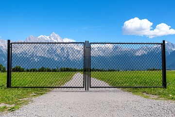 A scenic view of a black chain-link gate leading to a green field and majestic mountains under a clear blue sky.