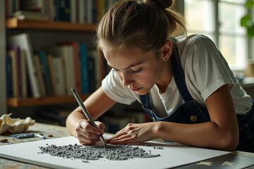 A young girl sits at a desk or table writing on a piece of paper