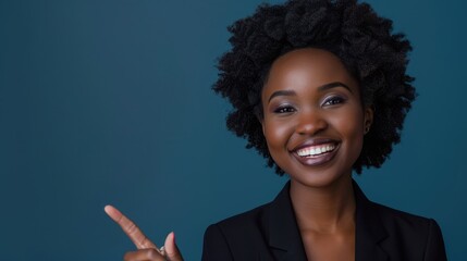 Confident Smiling Black Woman Pointing with Dark Curly Hair