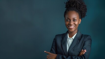 Confident Black Businesswoman Smiling in Professional Attire Against Dark Background