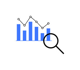 Bar graph and line chart with a magnifying glass icon, representing data analysis, research, or business intelligence. Ideal for statistical, economic, or technology-related visual content.