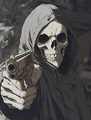 A man with a skull face holding a gun