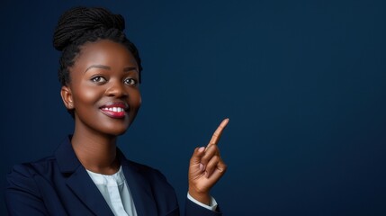 Smiling African woman in a suit pointing upwards