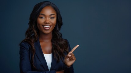 Confident African woman in a suit pointing with a smile
