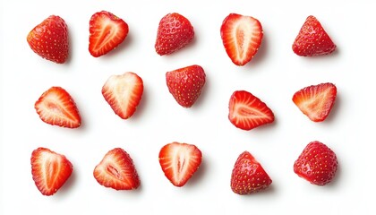 Freshly sliced strawberries arranged neatly on a white background showcasing their vibrant color and juicy texture
