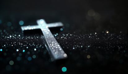 Silver holographic glowing Christian cross with copy space.