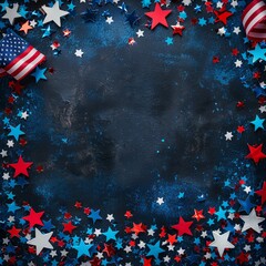 4th of July Independence Day celebration background with blue, red, white confetti stars American