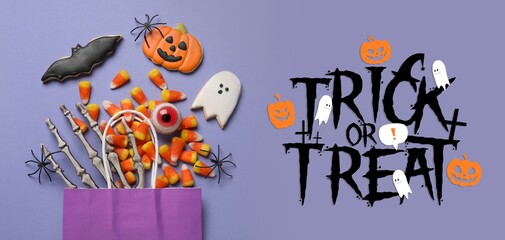 Banner for Halloween with bag of different sweets on lilac background