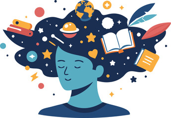 Naklejka premium Human head filled with books and planets, symbolizing knowledge, creativity, and imagination in a flat vector illustration