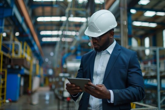 Focused African American engineer in suit and hard hat working on tablet in factory.