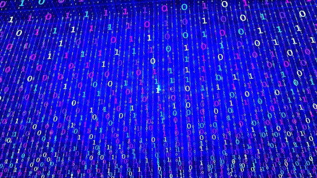 A seamless looping animation of binary digital computer matrix code transforming and glowing scene as 3d modeling procedural and geometric intelligence machine learning concept art loop animation.
