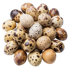 Obraz premium A pile of quail eggs with their distinctive speckled shells, showcasing a variety of patterns and colors ranging from light beige to dark brown. Transparent background