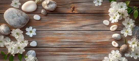 Fototapeta premium A rustic wooden background with scattered white flowers and spa stones