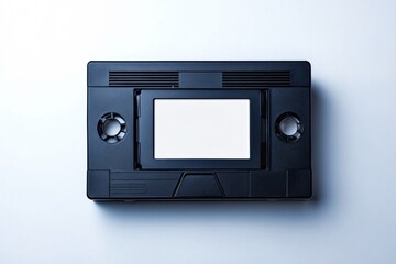 Fototapeta premium Black plastic vhs video cassette tape is lying on a white background, evoking memories of a bygone era in home entertainment
