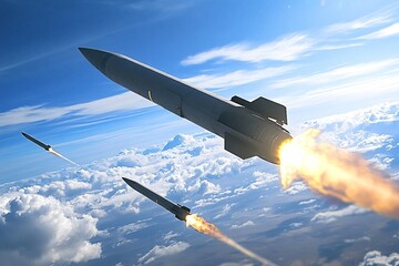 Three ballistic missiles streak through the sky, leaving fiery trails in their wake, showcasing modern warfare technology's destructive power and potential threat