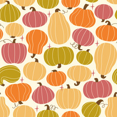 Autumn pumpkin seamless pattern in warm colors for Halloween, Thanksgiving, harvest, fall season fabric, packaging, wallpaper design