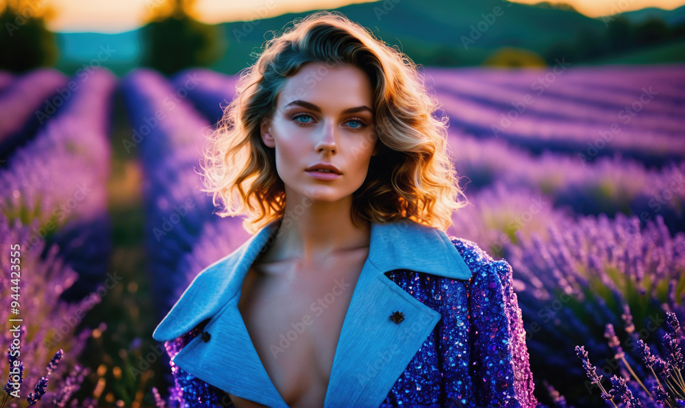 Wall mural A woman with blonde curly hair stands in a field of purple lavender at sunset