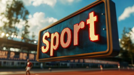 Sport 3D Text Sign and Focused Athlete Warming Up on Outdoor Track with Empty Space for Text - Dynamic Sports Scene