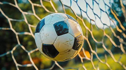 Naklejka premium Soccer ball in goal net - vintage effect picture style pictures.