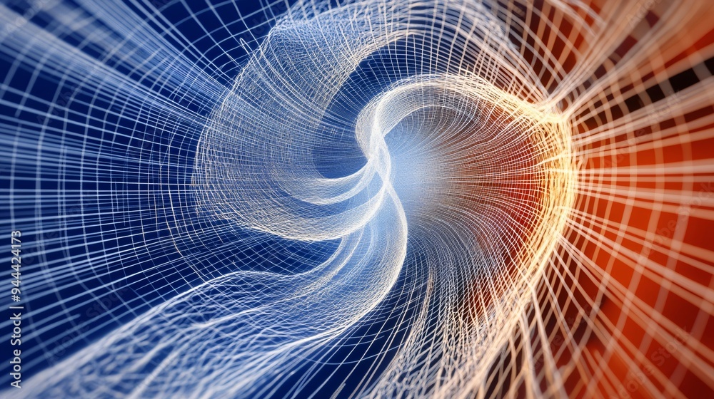 Poster digital wireframe tunnel with blue and orange gradient. 3d render style. data flow visualization con