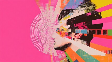 Fototapeta premium Fragmented face with vibrant color burst. Digital glitch art style. Sensory overload concept. Design for music album covers and tech event posters
