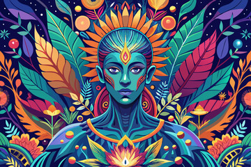 A detailed illustration of a person surrounded by vibrant floral patterns and foliage, depicting a fusion of human and nature elements in a striking and colorful composition

