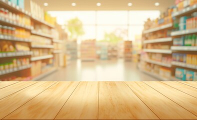 Obraz premium Blurred Supermarket Background with Wooden Table Top for Product Display Montage, Light Brown Color Theme, and Shelves with People