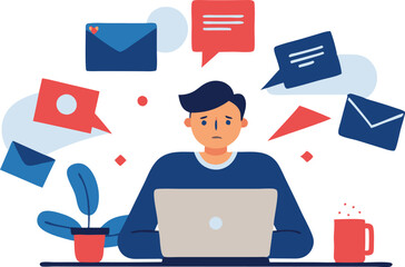 Individual working at a desk with laptop and surrounded by flying envelopes, representing communication overload