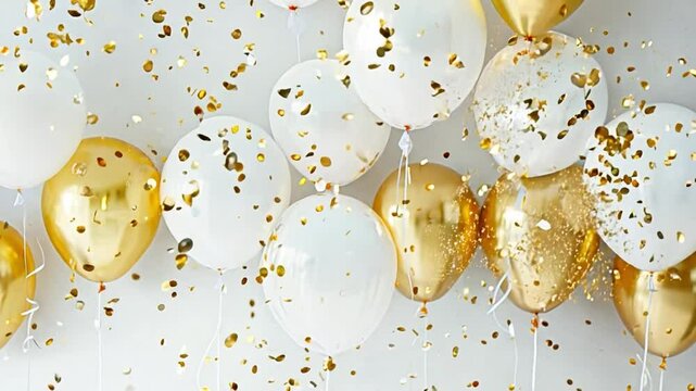 The vibrant display features a collection of gold and white balloons adorned with shimmering confetti, perfect for enhancing any festive gathering or celebration