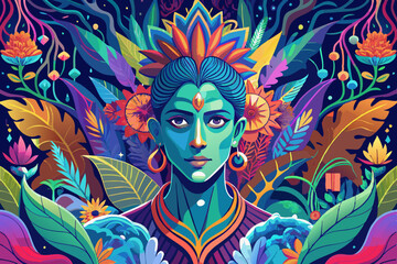 A detailed illustration of a person surrounded by vibrant floral patterns and foliage, depicting a fusion of human and nature elements in a striking and colorful composition
