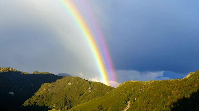 Animation of mountains with colorful rainbow in cloudy sky over field. Nature landscape after storm. Spring morning. St Patrick Day holiday symbol